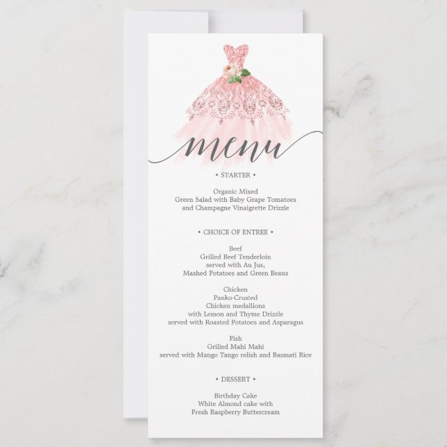 Convite Menu de Quinceanera de Vestido Floral Elegante (Frente)