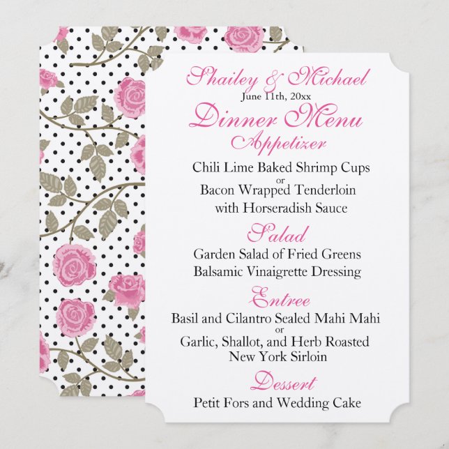 Convite MENU DE RECEÇÃO DE CASAMENTO Rosa/Preto (Frente/Verso)