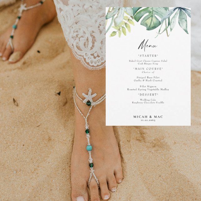 Convite Menu de Recepção de casamento de Folhagem Tropical (Criador carregado)
