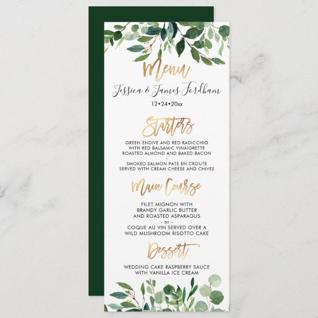 Convite Menu de Script Dourado Rustic Eucalyptus Faux (Frente/Verso)