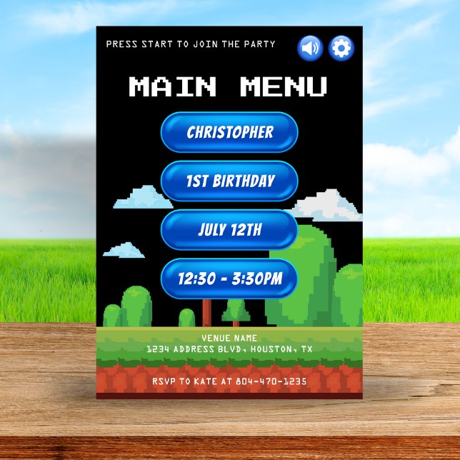 Convite Menu de Vídeo Retroativo Festa de primeiro anivers (Retro Video Game Menu Black 1st Birthday Party Invitation
)