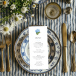 Convite Menu do Avô do Hydrangea Azul<br><div class="desc">O texto elegante fácil de personalizar lista as opções de menu do seu evento no novo estilo tradicional do milênio e apresenta uma paleta de cores limpas de branco e azul com muito espaço branco de composição e uma ilustração antiga de uma flor de hydrangea azul clássica.</div>