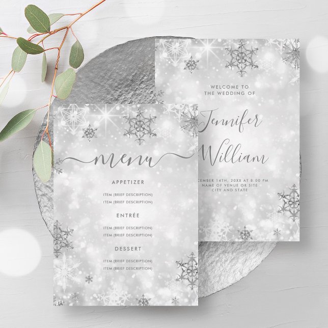 Convite Menu do Casamento no inverno de Prata do Sparkle F (Festive Sparkle Silver Winter Wedding Menu Invitation)