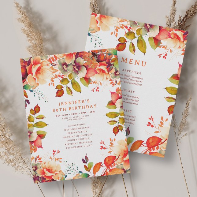 Convite Menu do Programa de Aniversário do Fall Watercolor (Fall Watercolor Floral 80 Birthday Program Menu)
