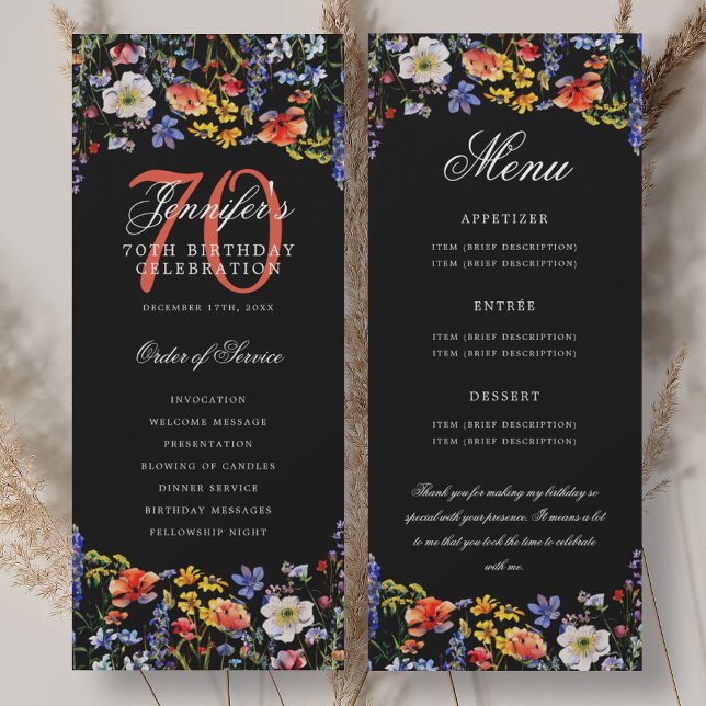 Convite Menu do Programa de Aniversário do Floral 70 (Floral 70th Birthday Program Menu Thank You Black)