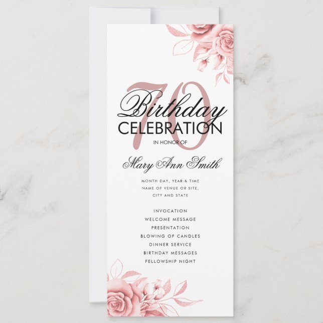 Convite Menu Dourado do Programa de Aniversário do Floral  (Frente)