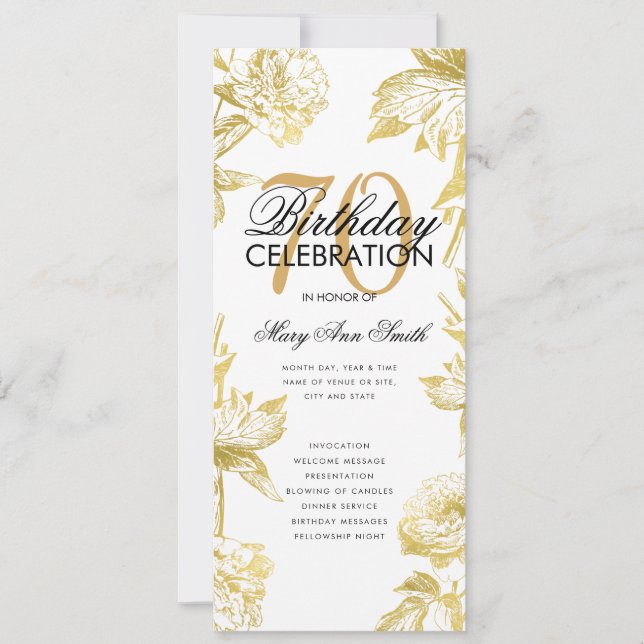 Convite Menu Dourado do Programa de Aniversário do Glam Fl (Frente)