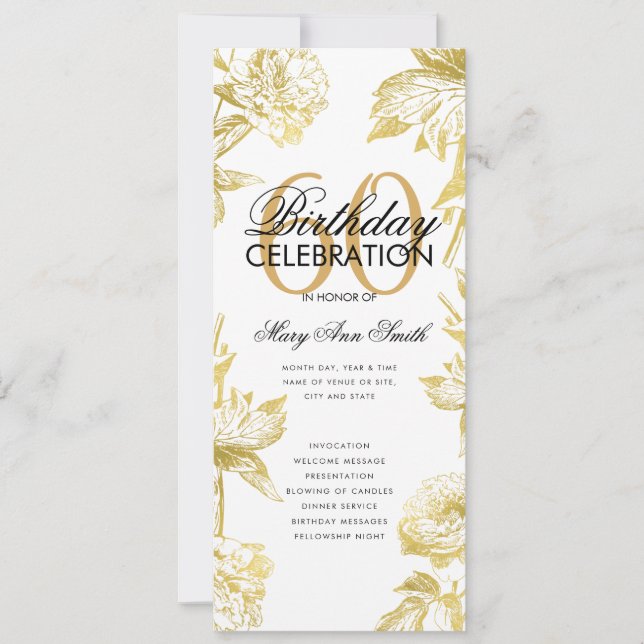 Convite Menu Dourado do Programa de Aniversário do Glam Fl (Frente)