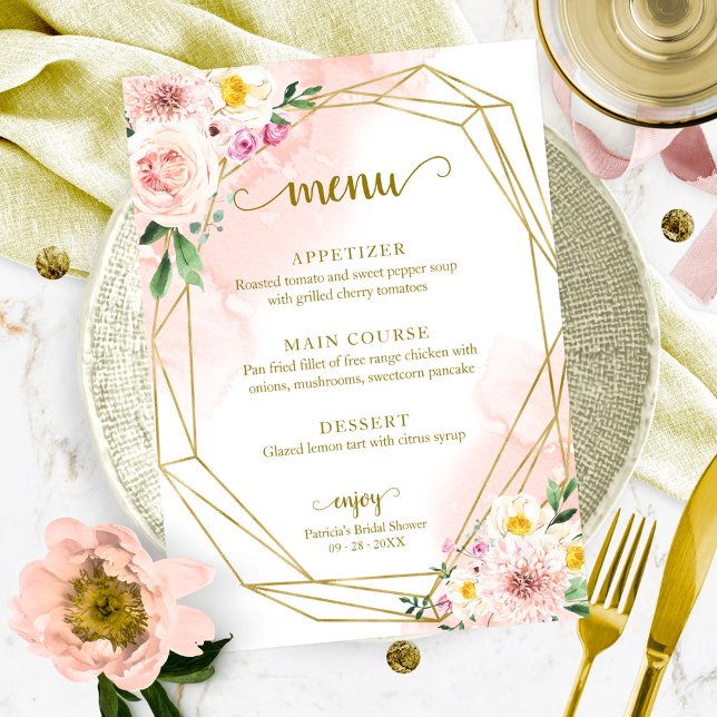 Convite Menu Dourado Floral Cor-de-rosa-pincel (Criador carregado)