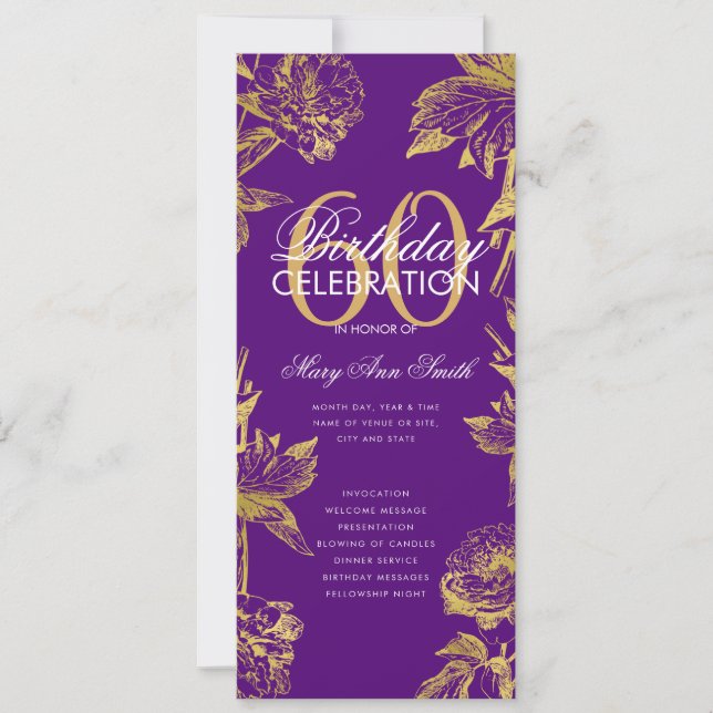 Convite Menu Dourado Purple do Programa de Aniversário Gla (Frente)