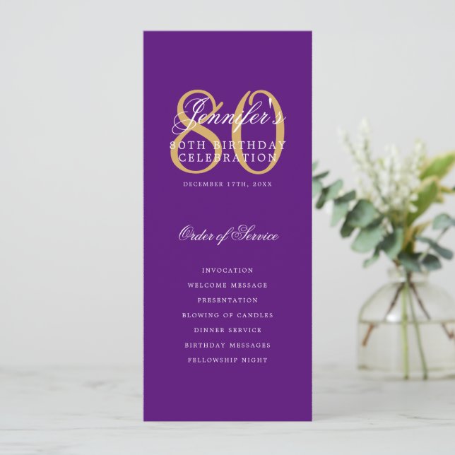 Convite Menu Dourado Roxo do Programa Elegante 80+Obrigado (Em pé/Frente)