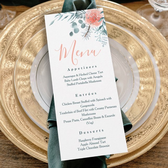 Convite Menu Elegante de Comida Eucalyptus Winter (elegant pink light green eucalyptus leaves pine needles winter wedding reception dinner menu)