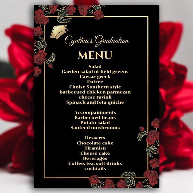 Convite Menu Elegante de Graduação Vermelha e Dourada (Elegant Red and Gold Graduation Menu Invitation #dinnerparty #graduationmenu #zazzlemade #redfloral)