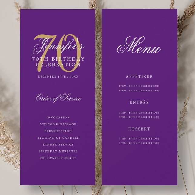 Convite Menu Elegante do Programa de Aniversário do 70 Dou (Elegant Purple Gold 70th Birthday Program Menu)