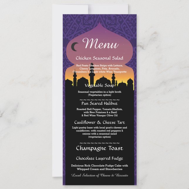 Convite Menu Festa Noturna Árabe Recepção de Casamento (Frente)