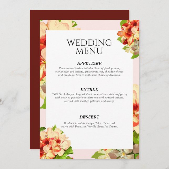 Convite Menu Floral de Casamento Rosa Bordado (Frente/Verso)