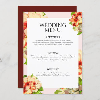 Convite Menu Floral de Casamento Rosa Bordado