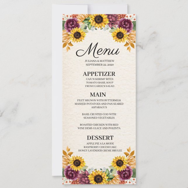 Convite Menu floral do casamento do girassol do outono (Frente)