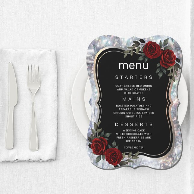 Convite Menu Floral Verde Vermelho Preto Silver Gótico (Black Silver Gothic Red Green Floral Menu Invitation #zazzlemade #menuinvitation #dinner #wedding)