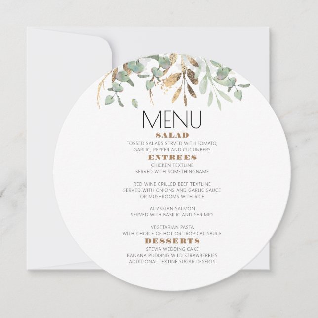 Convite Menu Folhagem do Eucalyptus Foliage, Dourado Verde (Frente)