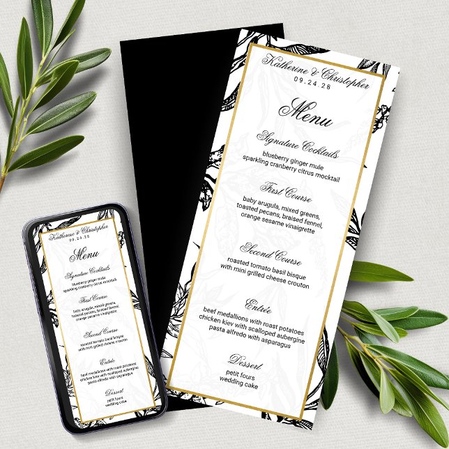 Convite Menu Formal Dourado Botânico Elegante (Elegant Formal Black Gold Botanical Wedding Menu with Digital Download Option)