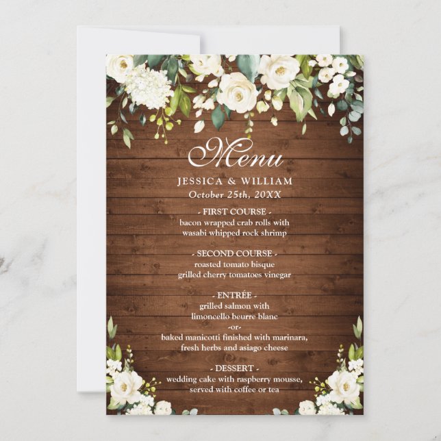 Convite Menu Janto Casamento Madeira & White Rose Menu Rus (Frente)