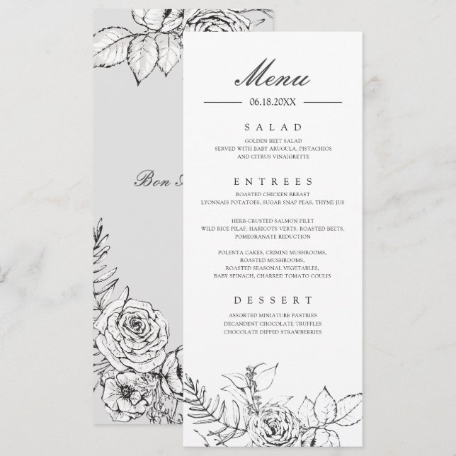 Convite Menu Janto de Casamento de Desenho de Linha Floral (Frente/Verso)