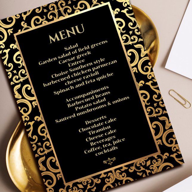 Convite Menu Janto de Casamento de Moldura de Ouro Elegant (Elegant gold Frame Wedding Dinner Menu Invitation #decorativeframeinvitation #zazzleinvitation #gold)