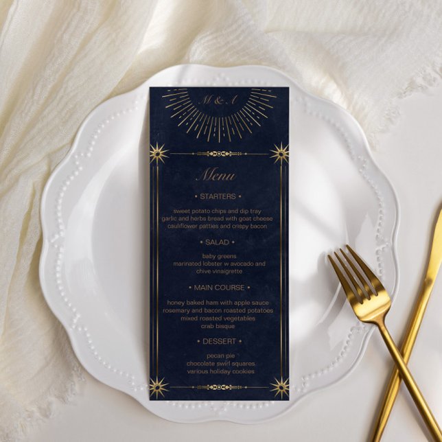 Convite Menu Janto de Casamento de Ouro Azul da meia-noite (Criador carregado)