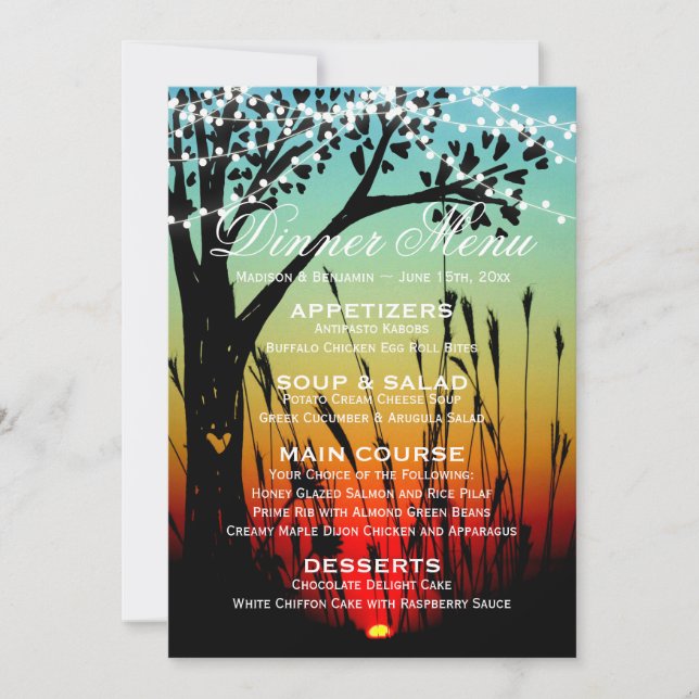 Convite Menu Janto de Casamento Rustic Tree Lights Sunset (Frente)