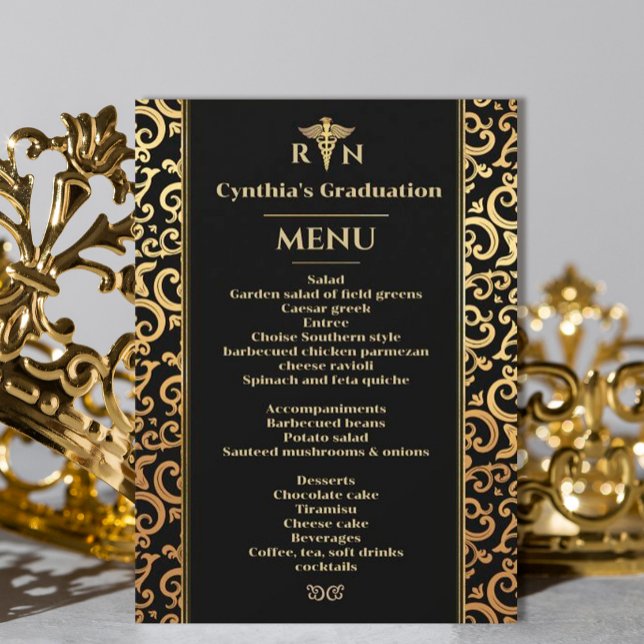 Convite Menu Janto de Graduação Médica de Quadro de Ouro E (#zazzlemade #medicalgraduation #partyinvitationgold #frame #Modernmedicalschool #doctor #graduation)