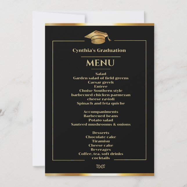 Convite Menu Janto de Graduação Preto e Dourado Elegante (Frente)