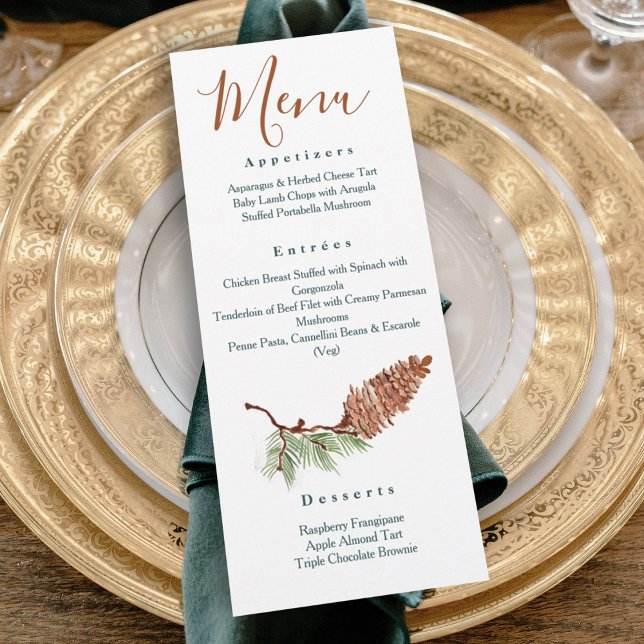 Convite Menu Janto de Recepção de Agulhas de Pinecones Rus (rustic winter pinecone wedding reception dinner menu terracotta brown green winter wedding colors)