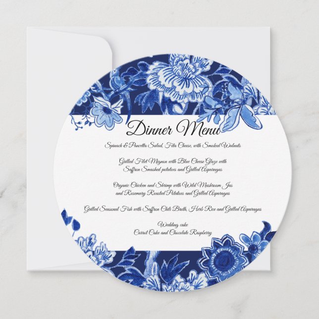 Convite Menu Janto Floral Azul Marinho Chinoiserie Asiátic (Frente)