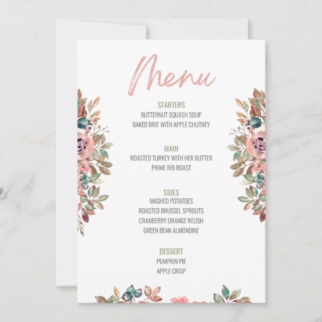 Convite Menu Janto Floral de Ação de Graças Menu Casamento (Frente)
