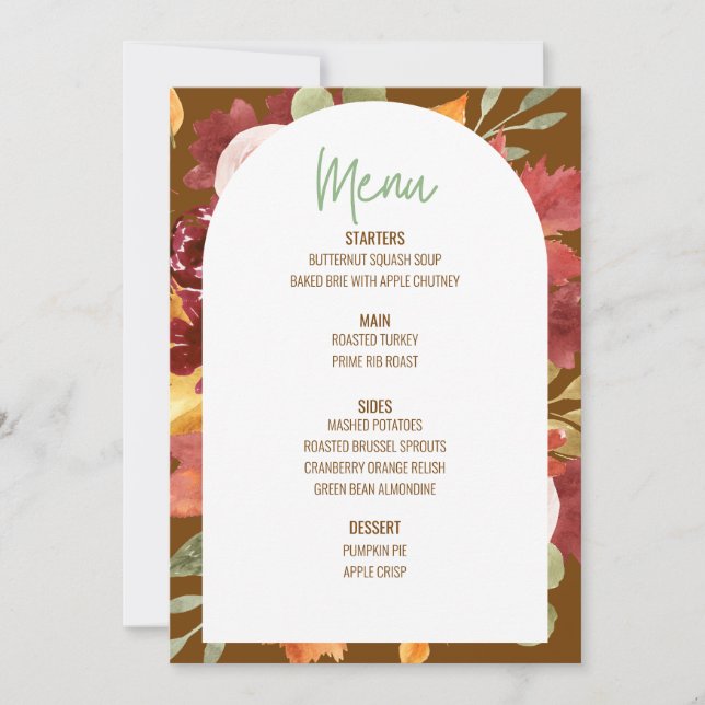 Convite Menu Janto Floral de Ação de Graças Menu Casamento (Frente)