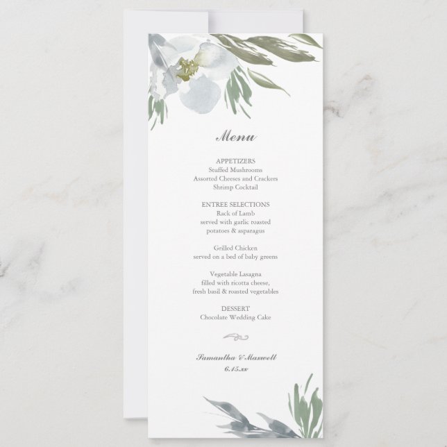 Convite Menu Janto Floral do Dusty Blue (Frente)