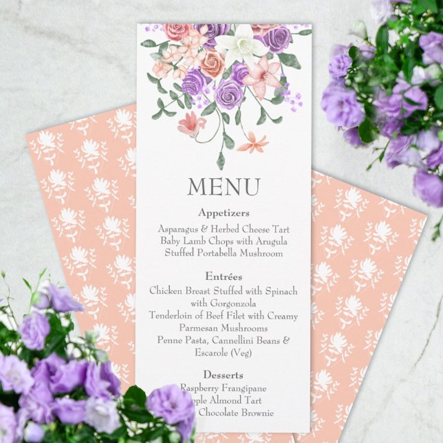Convite Menu Janto Lilac e Peach Rose Bouquet (lilac purple peach wedding reception dinner menu, rose bouquet, floral design, spring springtime)