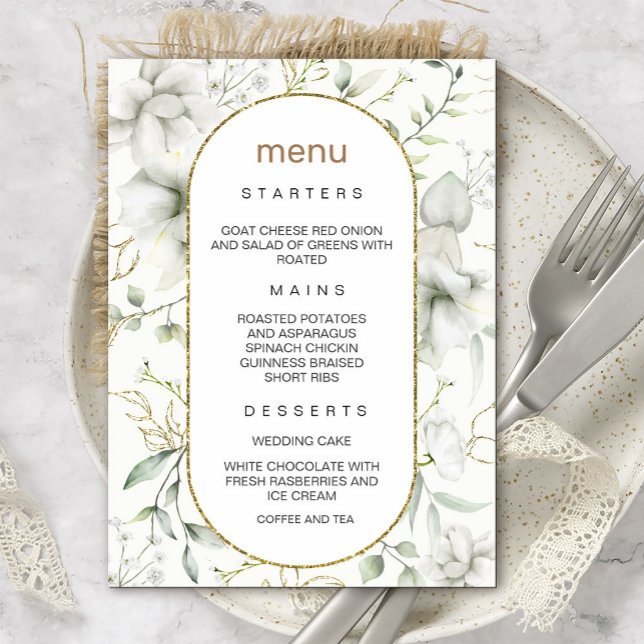 Convite Menu Lush White Flowers e Douradas Leaves (An elegant invitation that combines the simplicity of white flowers with the allure of gold #dinner)