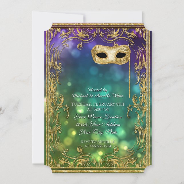 Convite Menu Mardi Gras Mascarada Bokeh Dourado Glitter (Frente)