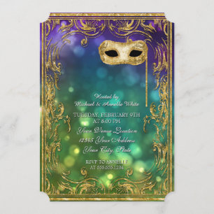 Convite Menu Mardi Gras Mascarada Bokeh Dourado Glitter