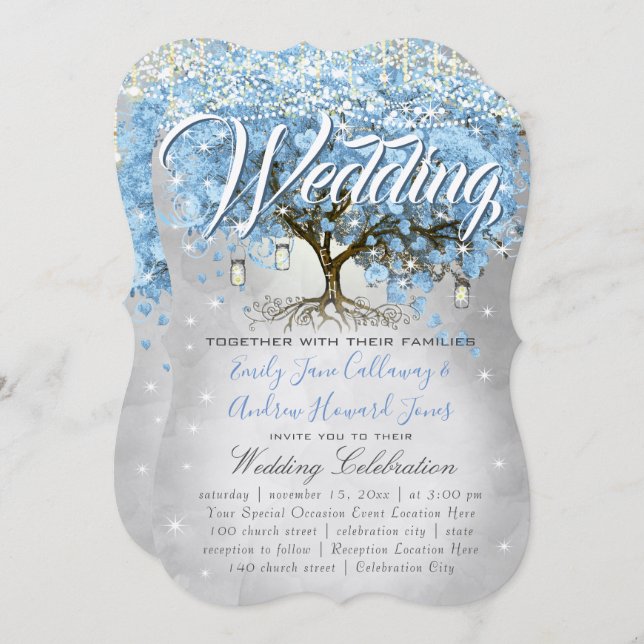 Convite Menu Mason Jar Blue Heart Leaf Tree Watercolor (Frente/Verso)