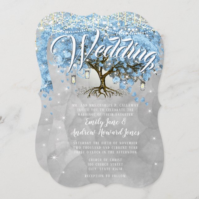 Convite Menu Mason Jar Blue Heart Leaf Tree Watercolor (Frente/Verso)