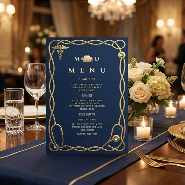Convite Menu Médico de Luxo Navy & Gold Graduação (#GraduationInvitation #MedicalGraduation #DoctorOfMedicine #NavyAndGoldDesign
#LuxuryInvitation )