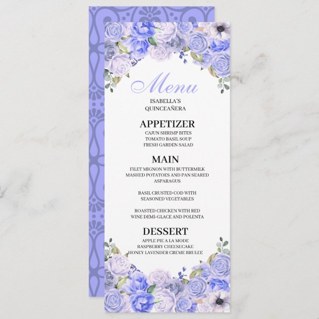 Convite Menu Periwinkle Blue Floral Quinceanera (Frente/Verso)