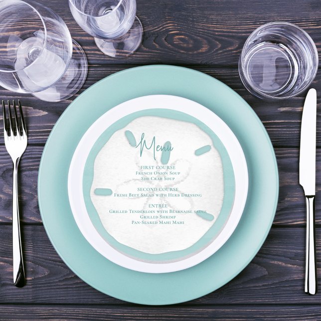 Convite Menu Praia Turquoise Sand Dollar (Wedding menu card with simple bleach sand dollar)