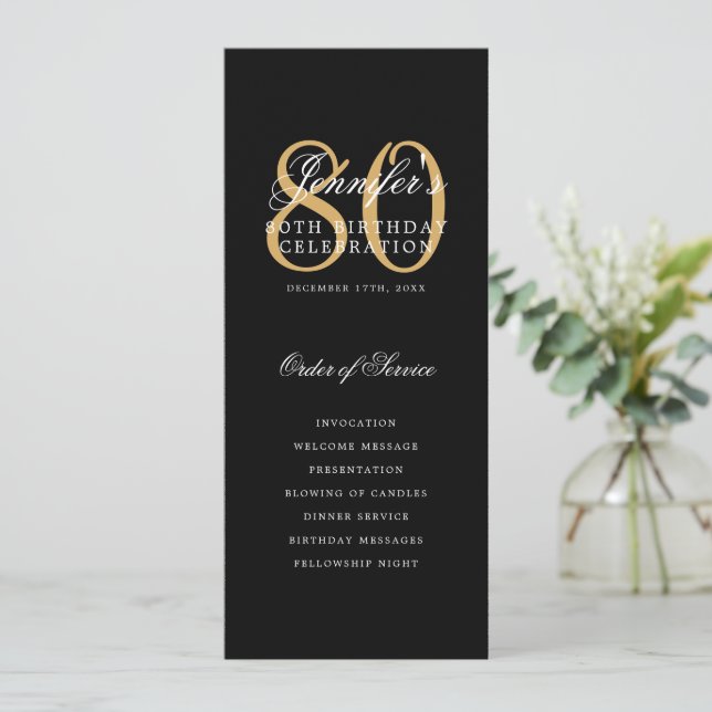 Convite Menu Preto Dourado do Programa Elegante 80+Obrigad (Em pé/Frente)