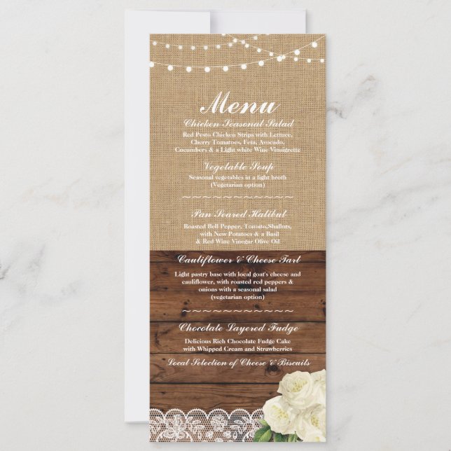 Convite Menu Recepção de casamento Burlap Wood Lace (Frente)