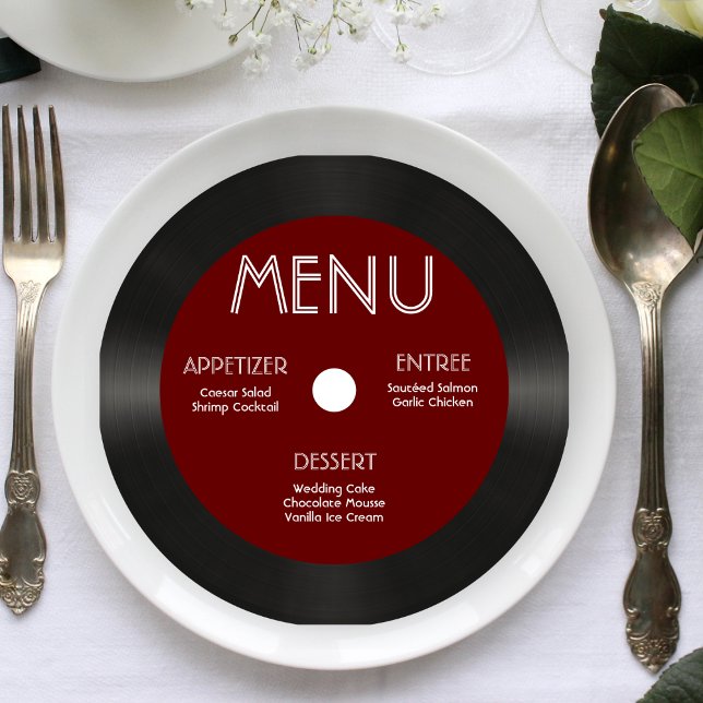 Convite Menu Recepção de casamento Retro Red Vinyl Record (Retro Red Vinyl Record Wedding Reception Menu Invitation)