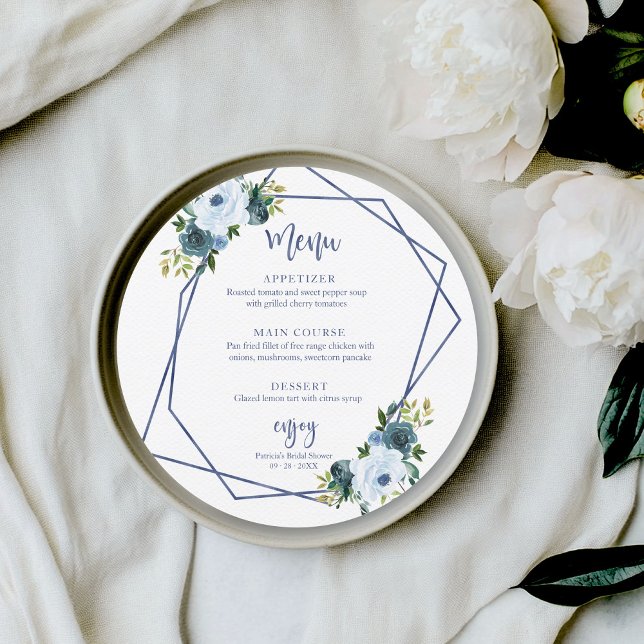 Convite Menu redondo Chá de panela Floral Azul Dusty (Criador carregado)